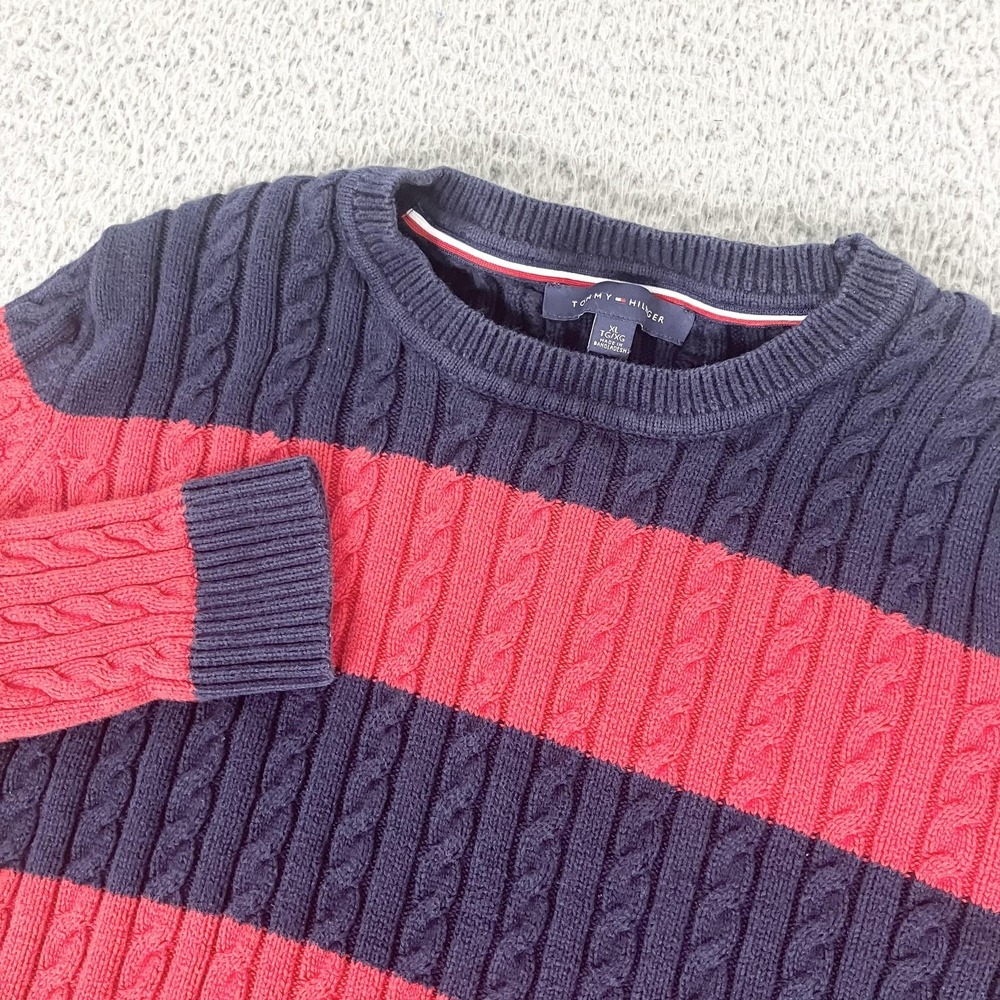 Tommy Hilfiger Sweater‎ Womens XL Blue Red Striped Cable Knit Crewneck Pullover